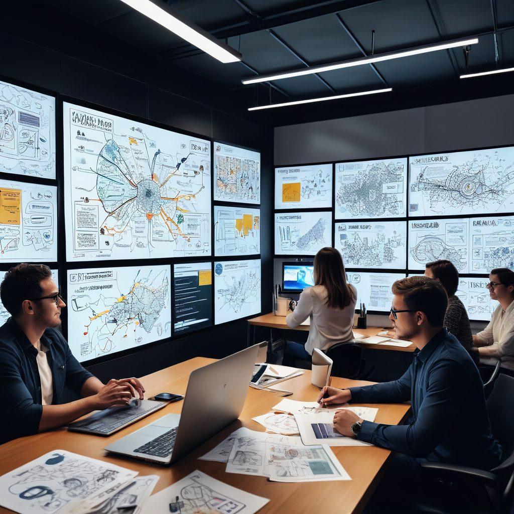 A modern digital workspace with a diverse group of creative professionals sharing ideas over a virtual brainstorming session, colorful mind maps and storyboards on screens. Elements of engaging storytelling such as books, digital art, and interactive content around. vibrant colors. super-realistic.