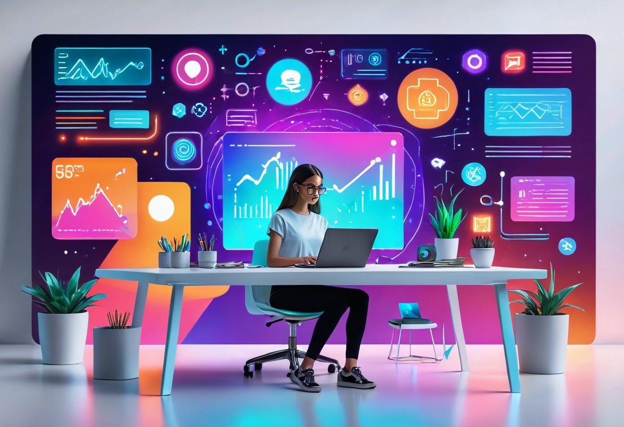 A digital storyteller sitting at a sleek, modern desk surrounded by floating holographic icons representing blog posts, analytics, SEO, and content creation tools. The backdrop is a dynamic blend of vibrant colors and abstract designs symbolizing creativity and innovation. futuristic. super-realistic. vibrant colors. white background.