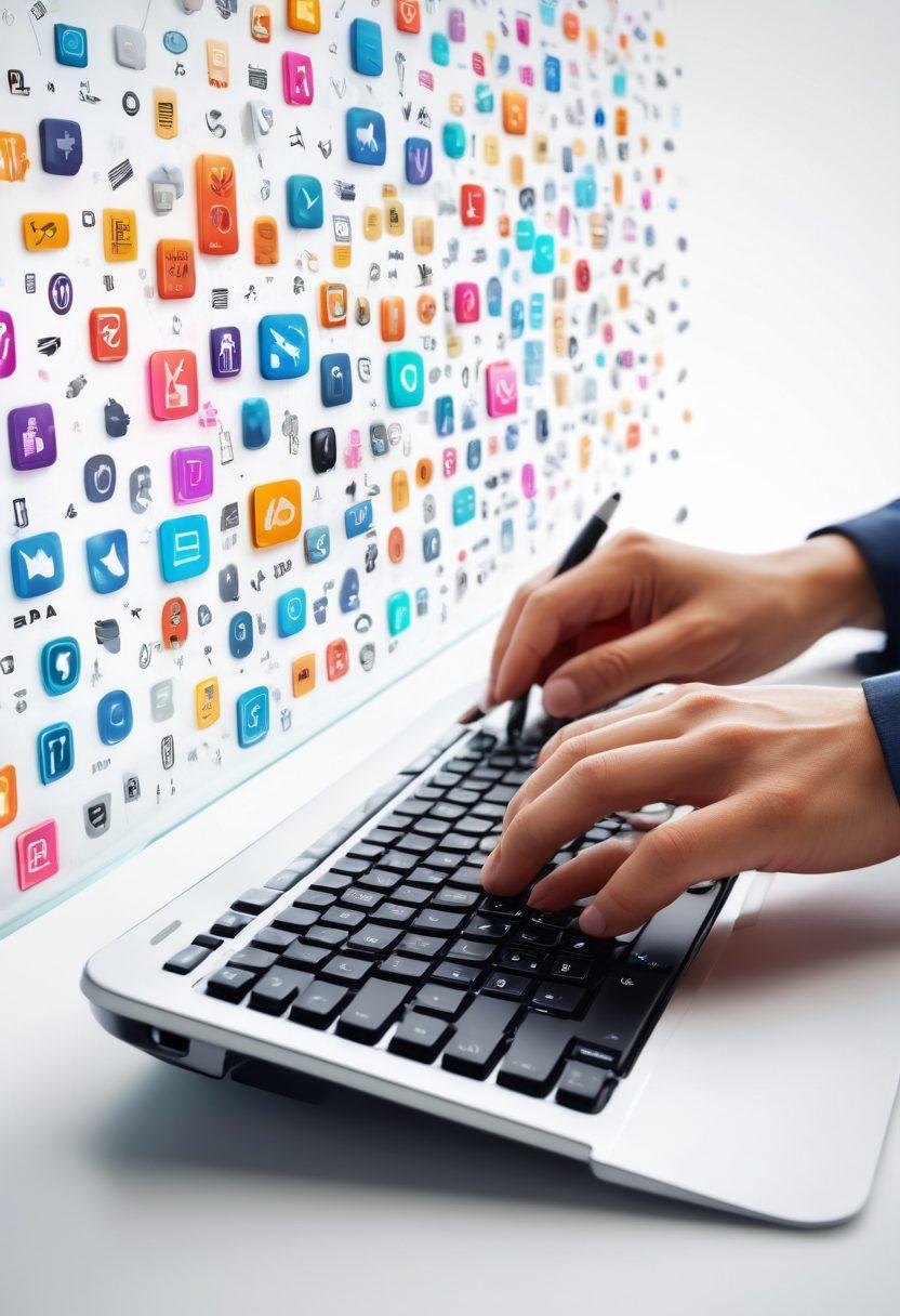 A dynamic scene showing a writer typing on a luminous keyboard, surrounded by floating symbols of blog posts, social media icons, and analytics charts. In the background, an ethereal digital landscape transitions from handwritten notes to published content. Vibrant colors. super-realistic. white background.